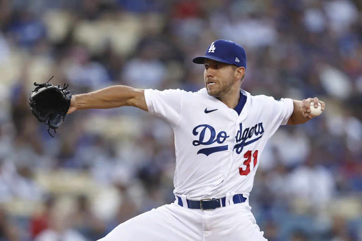 Tyler Anderson #31 of the Los Angeles Dodgers pitches against the Los Angeles Angels during the first inning at Dodger Stadium, in Los Angeles, on June 15, 2022. (Michael Owens/Getty Images)
