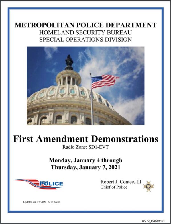 Cover page for the First Amendment Demonstrations report, issued January 3, 2021 by the Metropolitan Police Department, Homeland Security Bureau, Special Operations Division. 