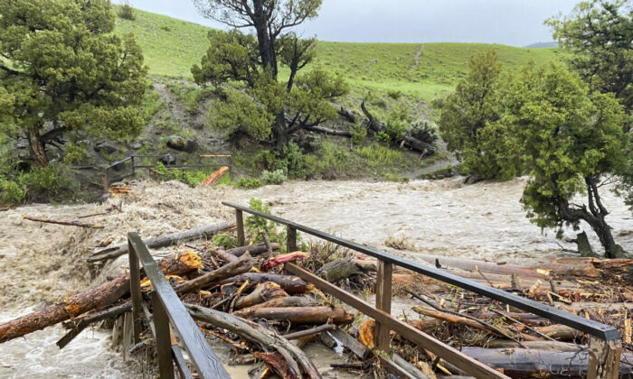 A washed out bridge from flooding at Rescue Creek in Yellowstone National Park, Mont., on June 13, 2022. (National Park Service via AP)