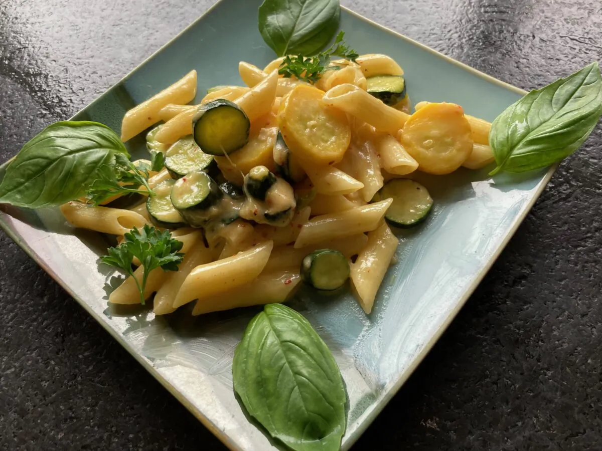 A melding of pasta primavera and mac 'n' cheese, this recipe is essentially cheesy pasta with an abundance of vegetables. (Ari LeVaux)