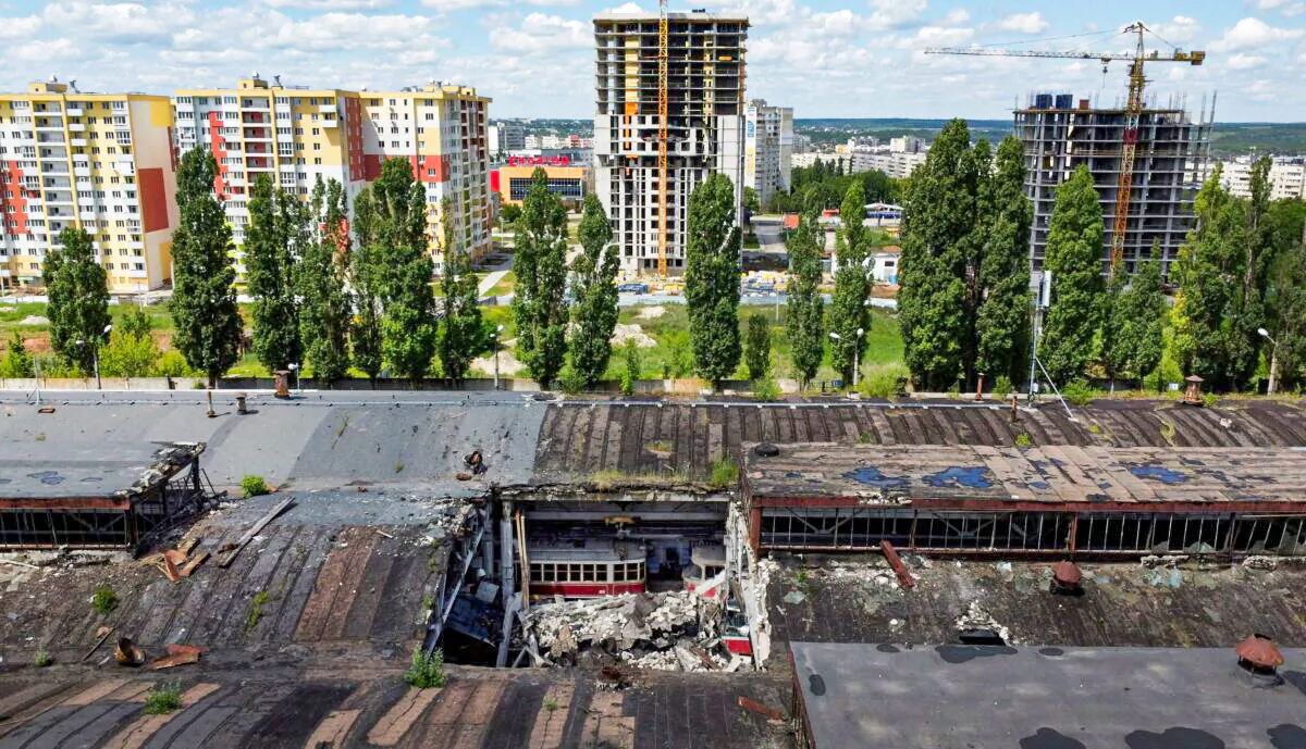 Damaged trams are seen inside a shelled tram depot in Kharkiv, Ukraine, on June 15, 2022. Picture taken with a drone. (Ivan Alvarado/Reuters)