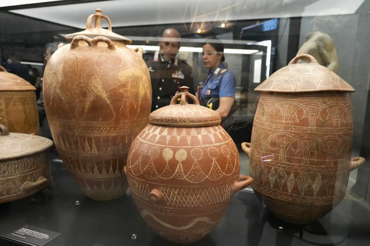 Etruscan jars from the 7th century B.C. are displayed in the new "Museum of Rescued Art" in Rome on June 15, 2022. (Alessandra Tarantino/AP Photo)