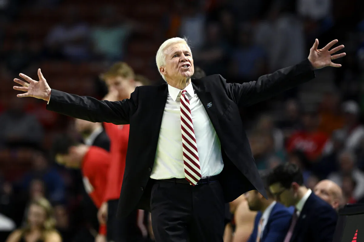 Head coach Bob McKillop of the Davidson Wildcats reacts to a play against the Michigan State Spartans during the second half in the first round game of the 2022 NCAA Men's Basketball Tournament at Bon Secours Wellness Arena in Greenville, S.C., on March 18, 2022. (Eakin Howard/Getty Images)
