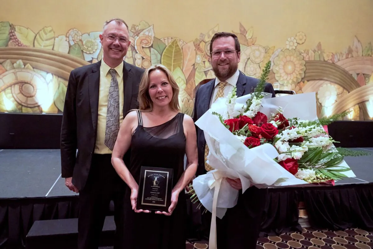 (L-R) Justice Centre for Constitutional Freedoms president John Carpay, Freedom Convoy organizer Tamara Lich, and Justice Centre chairman of the board Jonathan Allen, at the George Jonas Freedom Award ceremony in Toronto on June 16, 2022. (Ramona Diaconescu, Justice Centre photographer)