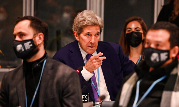 U.S. special presidential envoy for climate John Kerry intervenes during the stocktake plenary at SECC in Glasgow, Scotland, on Nov. 13, 2021. On day fourteen of the 2021 COP26 climate summit in Glasgow the focus is on delegations' negotiations to agree the final text for the COP26 Agreement. This is the 26th "Conference of the Parties" and represents a gathering of all the countries signed on to the U.N. Framework Convention on Climate Change and the Paris Climate Agreement. (Jeff J. Mitchell/Getty Images)