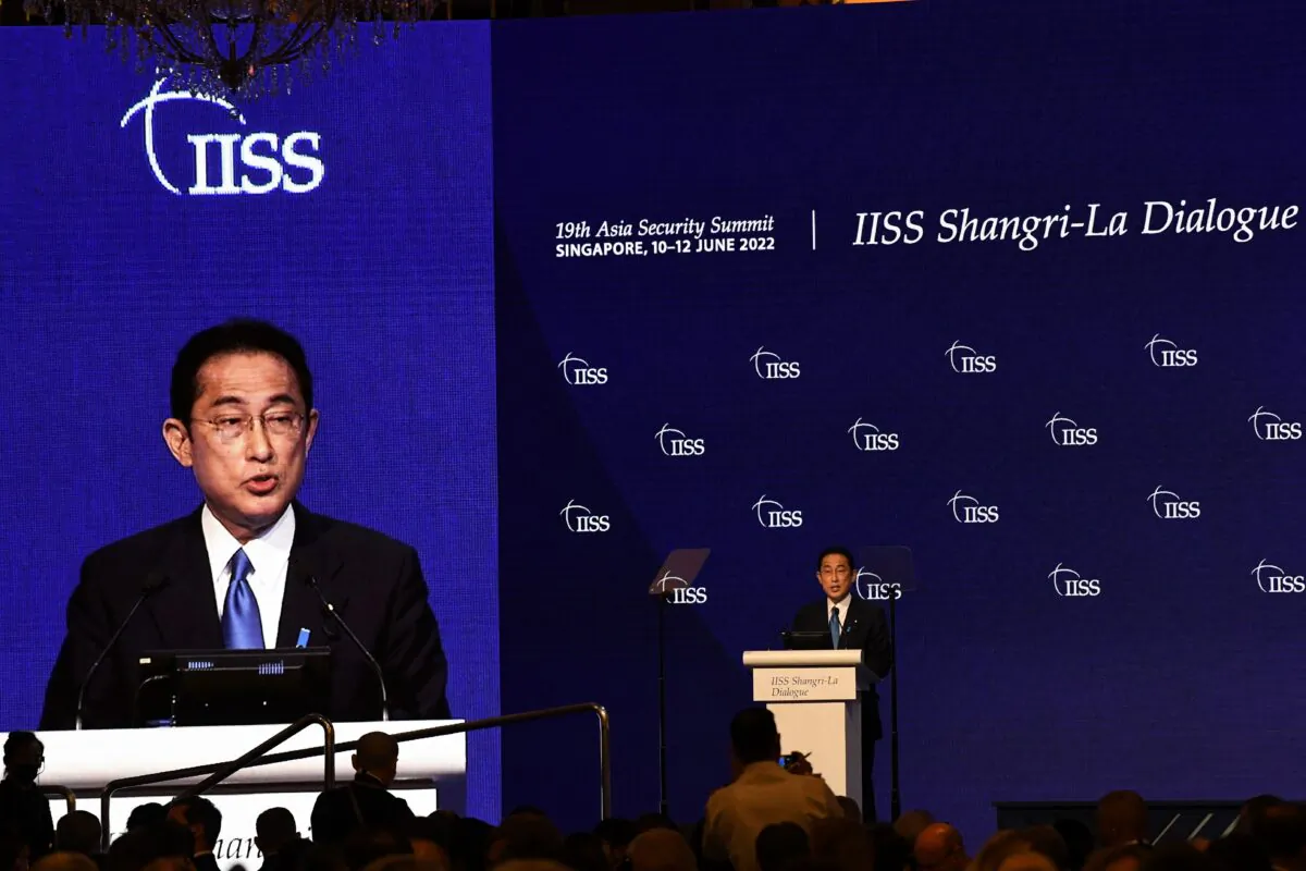 Japan`s Prime Minister Fumio Kishida delivers a keynote address at the Shangri-La Dialogue summit in Singapore on June 10, 2022. (Roslan Rahman/ AFP)
