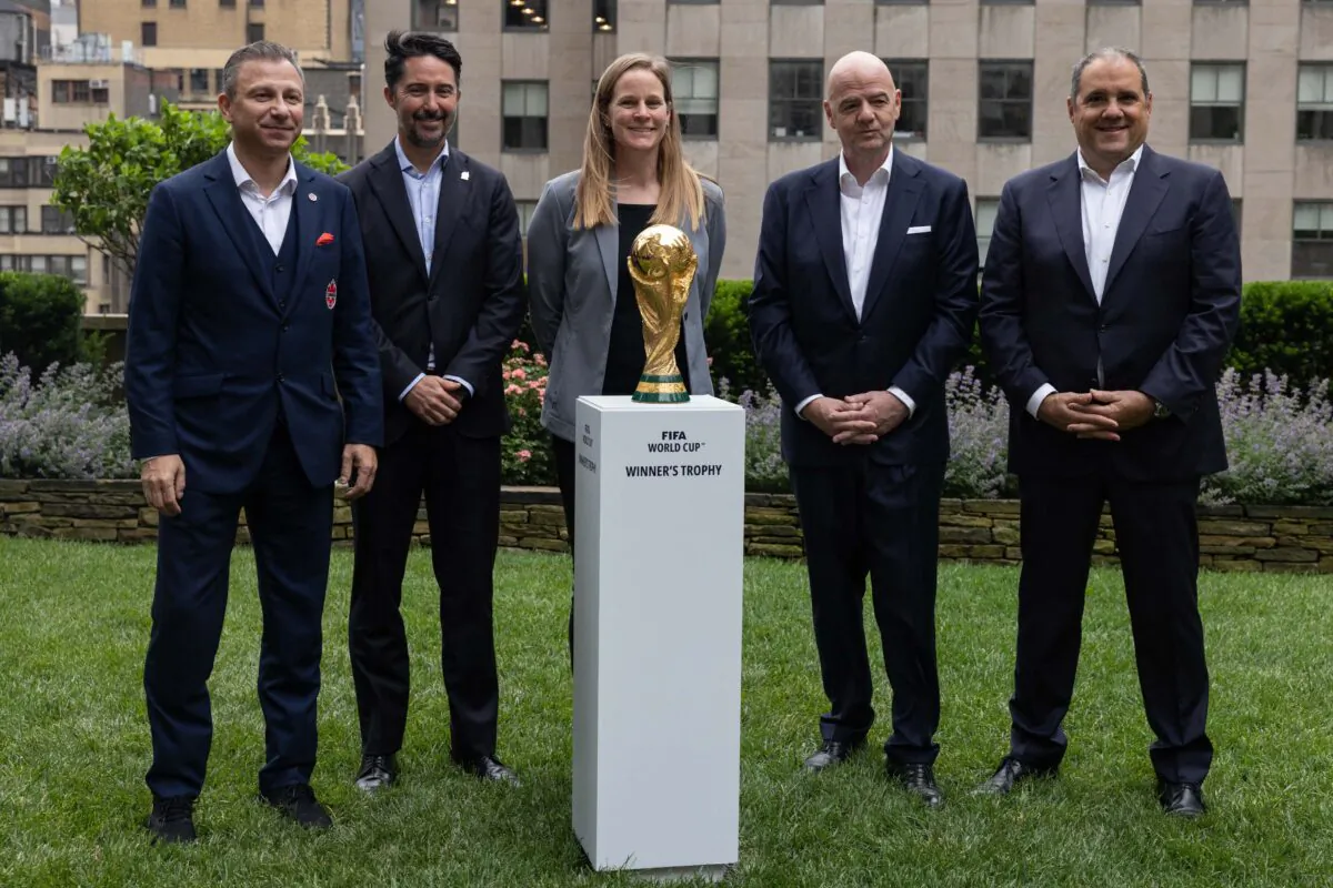 (From L) Canada Soccer President Nick Bontis, Mexican Football Federation President Yon de Luisa Plazas), US Soccer President Cindy Parlow Cone, FIFA President Gianni Infantino and CONCACAF President Victor Montagliani pose with the FIFA World Cup trophy during an event in New York after an announcement related to the staging of the FIFA World Cup 2026, on June 16, 2022. (Yuki Iwamura /Getty Images)