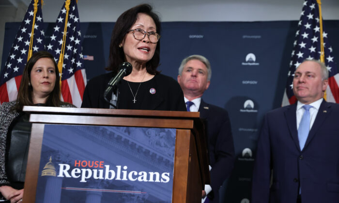 Rep. Michelle Steel (R-Calif.) talks with reporters during a news conference following a House Republican caucus meeting at the U.S. Capitol Visitors Center in Washington on Oct. 20, 2021. (Chip Somodevilla/Getty Images)