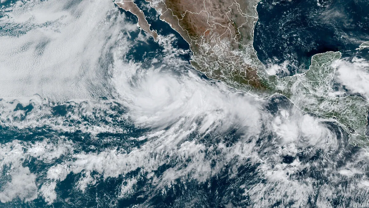 A satellite image shows Hurricane Blas (C) off Mexico’s southern Pacific coast at 12:30 p.m. ET on June 17, 2022. (NOAA)