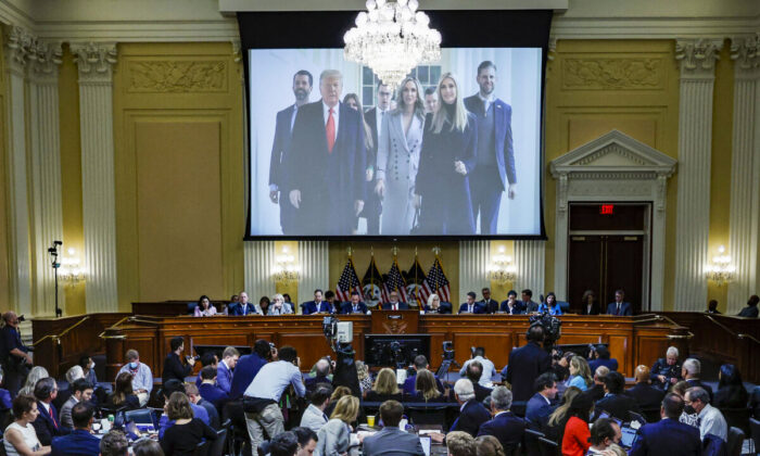 An image of former President Donald Trump and his family is displayed on screen during the third hearing of the January 6 Committee on Capitol Hill in Washington on June 16, 2022. (Drew Angerer/Pool/AFP via Getty Images)