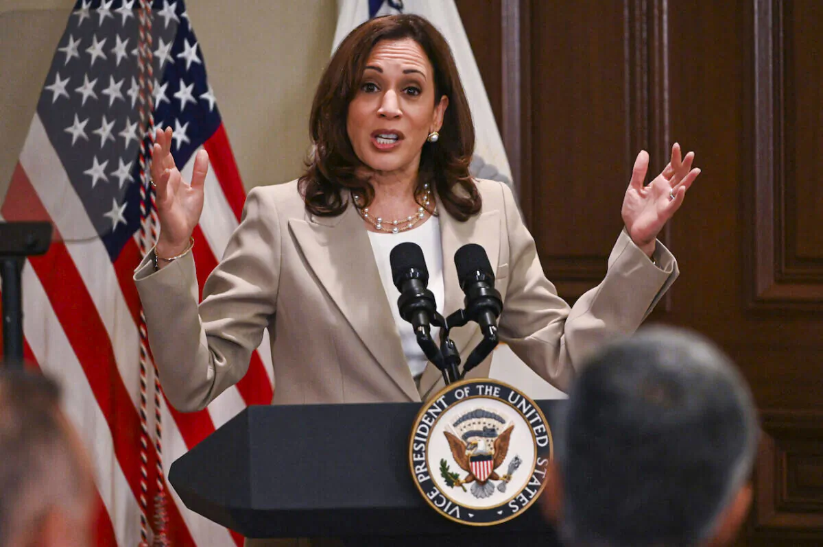 Vice President Kamala Harris, speaks during the Online Harassment and Abuse Task Force announcement at the Eisenhower Executive Office Building in Washington, on June 16, 2022. (Roberto Schmidt/AFP via Getty Images)