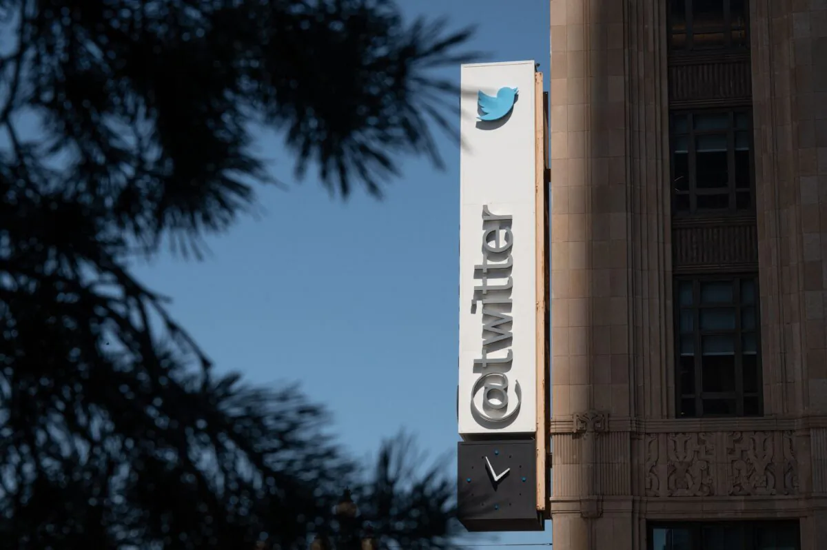 The Twitter logo outside the company's headquarters, in downtown San Francisco, Calif., on April 26, 2022. (Amy Osborne/AFP via Getty Images)