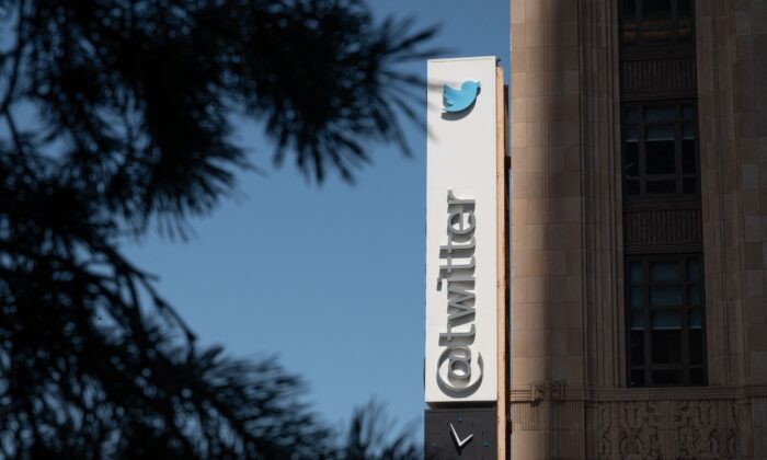 The Twitter logo outside the company's headquarters, in downtown San Francisco, Calif., on April 26, 2022. (Amy Osborne/AFP via Getty Images)