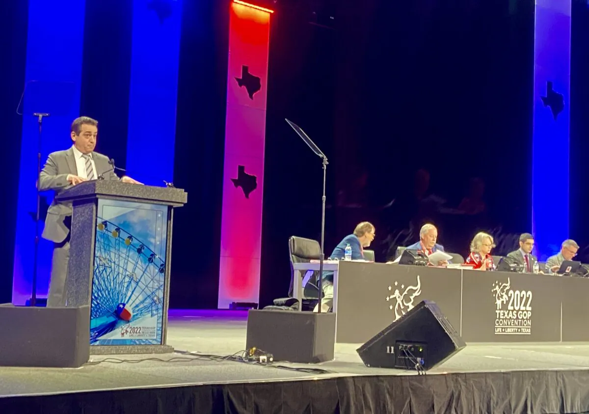Texas GOP chairman Matt Rinaldi (left) presides over procedures at the Republican Party of Texas Convention in Houston, Texas, on June 18, 2022. (Darlene McCormick Sanchez/The Epoch Times)