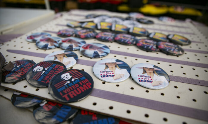 File photo showing merchandise at a table before a rally for former President Donald Trump in Selma, North Carolina, on April 9, 2022. (Allison Joyce/Getty Images)