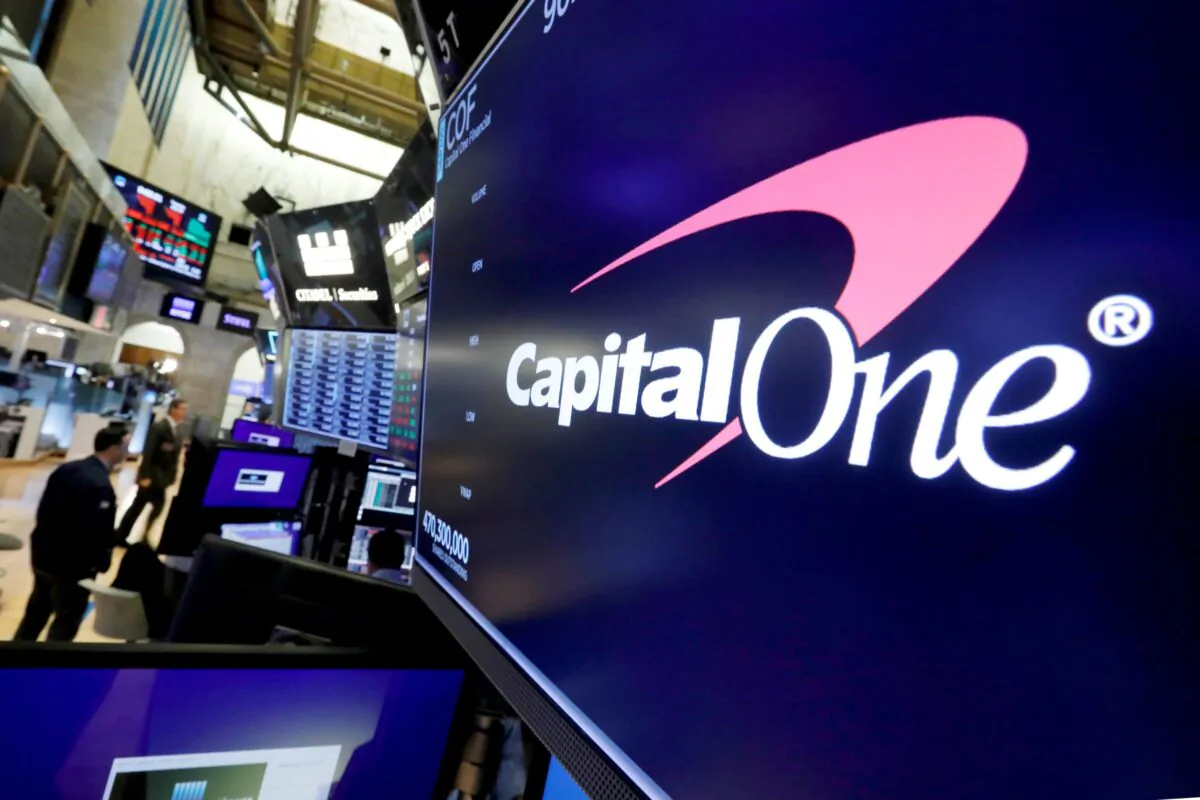 The logo for Capital One Financial is displayed above a trading post on the floor of the New York Stock Exchange in New York on July 30, 2019. (Richard Drew/AP Photo)