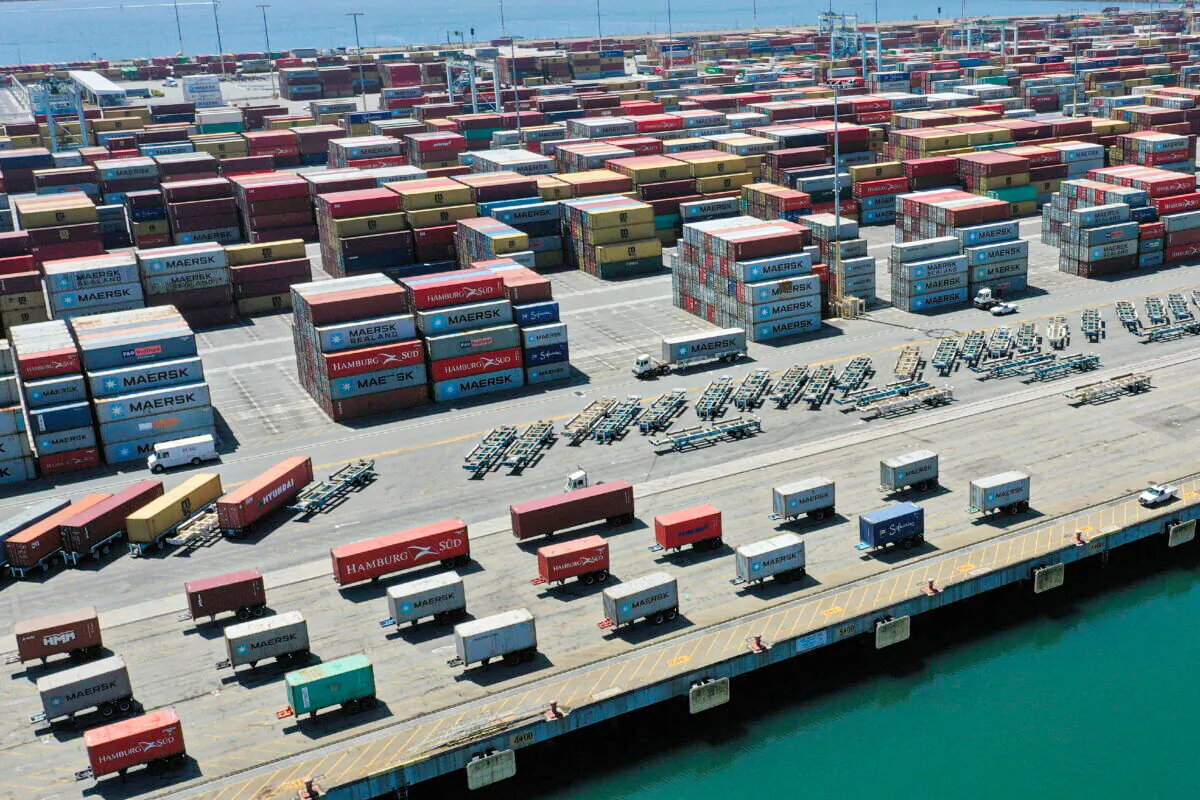 Containers on a shipping dock in the Port of Los Angeles on April 16, 2020. (Lucy Nicholson/Reuters)