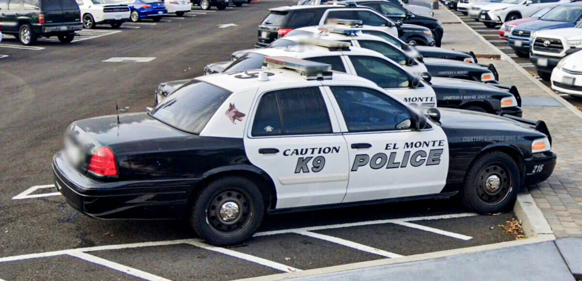 Police cars in a parking lot near El Monte Police Department in El Monte, Calif., in February 2021. (Google Maps/Screenshot via The Epoch Times)