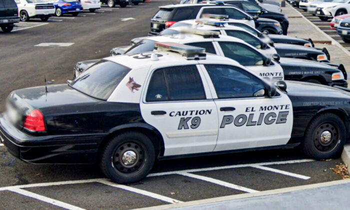 Police cars in a parking lot near El Monte Police Department in El Monte, Calif., in February 2021. (Google Maps/Screenshot via The Epoch Times)