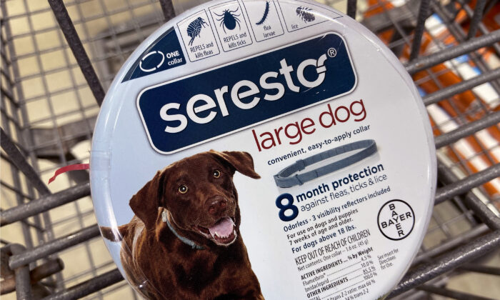 Seresto pet collars are offered for sale at a retail store in Chicago, Illinois, on March 3, 2021. (Scott Olson/Getty Images)