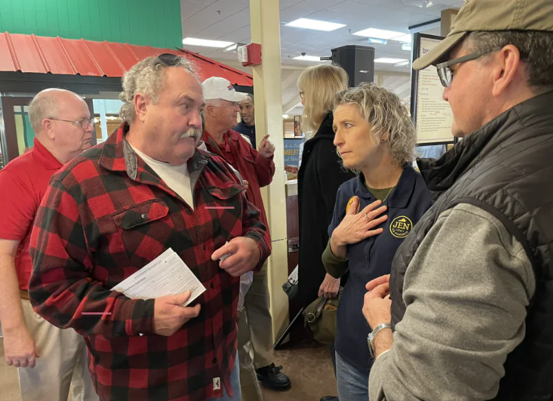 State Sen. Jen Kiggans (R-Virginia Beach) speaks with voters in a Virginia Beach diner during a February breakfast meeting as part of a 14-month campaign that paid dividends in the June 21 primary to earn the Republican berth in November’s Congressional District 2 election against two-term incumbent U.S. Rep. Elaine Luria (D-Norfolk). (Courtesy of Jen Kiggans for Congress)