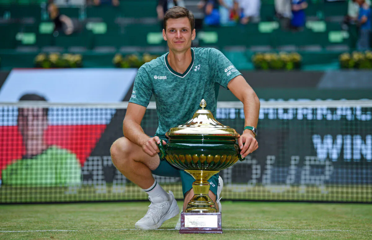 Hubert Hurkacz of Poland celebrates winning the final match against Daniil Medvedev of Russia during day nine of the 29th Terra Wortmann Open at OWL-Arena, in Halle, Germany, on June 19, 2022. (Thomas F. Starke/Getty Images)