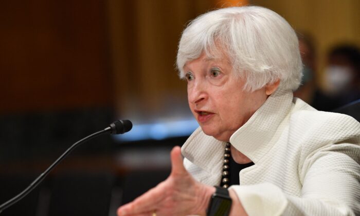 Treasury Secretary Janet Yellen testifies before the Senate Finance Committee on the president's proposed budget request for fiscal year 2023, on Capitol Hill in Washington on June 7, 2022. (Nicholas Kamm/AFP via Getty Images)