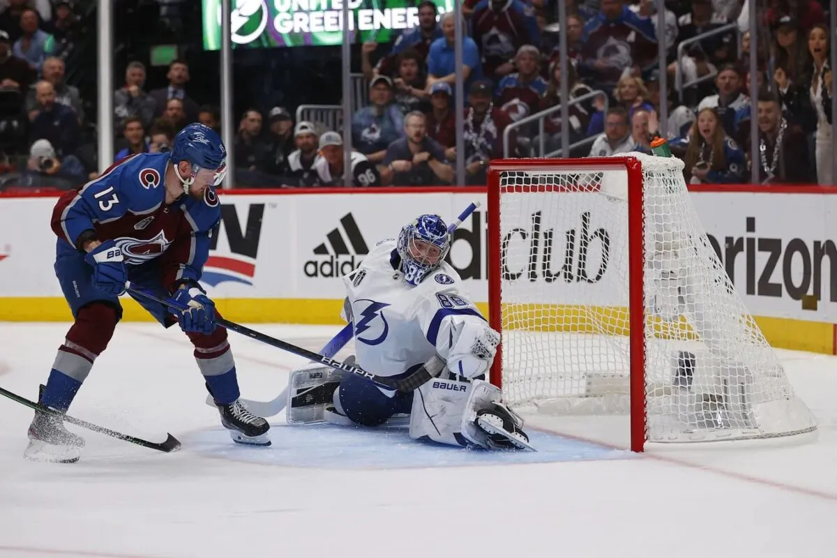 Tampa Bay Lightning goaltender Andrei Vasilevskiy (88) saves the shot attempt by Colorado Avalanche right wing Valeri Nichushkin (13) during the second period in game two of the 2022 Stanley Cup Final at Ball Arena in Denver on June 18, 2022. (Isaiah J. Downing/USA TODAY Sports via Field Level Media)