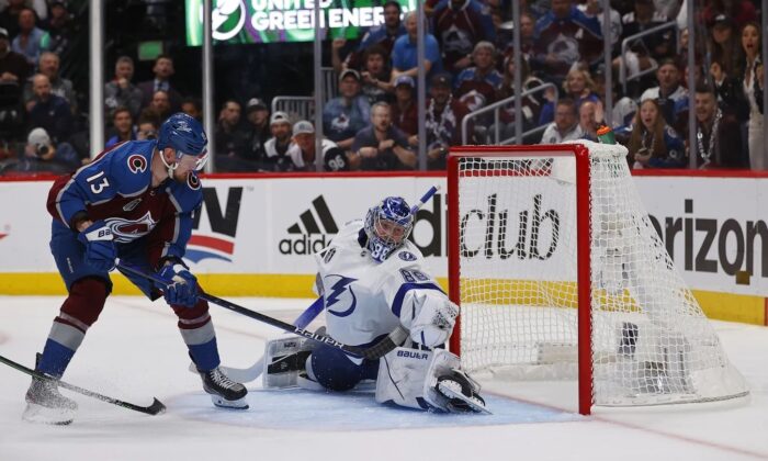 Tampa Bay Lightning goaltender Andrei Vasilevskiy (88) saves the shot attempt by Colorado Avalanche right wing Valeri Nichushkin (13) during the second period in game two of the 2022 Stanley Cup Final at Ball Arena in Denver on June 18, 2022. (Isaiah J. Downing/USA TODAY Sports via Field Level Media)