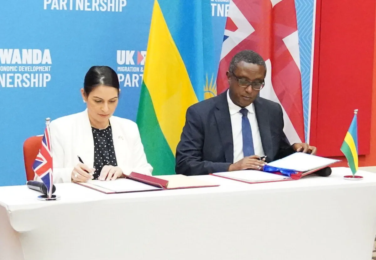Home Secretary Priti Patel and Rwandan Foreign Minister Vincent Biruta signed the migration and economic development partnership in Kigali in April 2022. (Flora Thompson/PA)