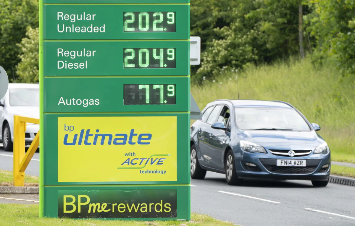 A BP fuel station in the United Kingdom selling petrol and diesel above £2 per litre, in an undated file photo. (Danny Lawson/PA Media)