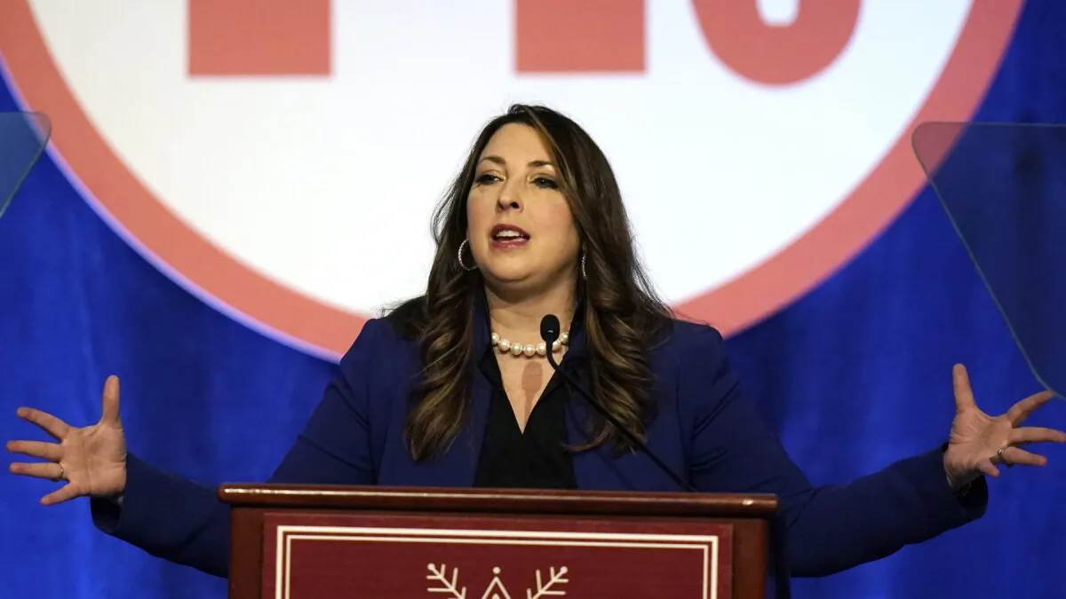 Ronna McDaniel, the Republican chairwoman, speaks during the Republican National Committee winter meeting Feb. 4, 2022, in Salt Lake City. “AP Photo/Rick Bowmer, File)