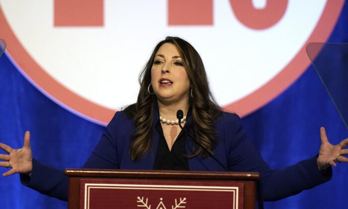 Ronna McDaniel, the GOP chairwoman, speaks during the Republican National Committee winter meeting Feb. 4, 2022, in Salt Lake City. “AP Photo/Rick Bowmer, File)