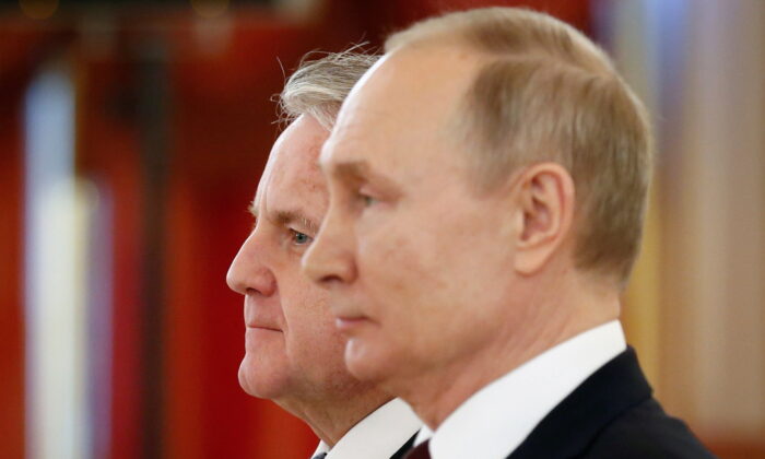 Russian President Vladimir Putin and the new U.S. Ambassador to Russia John Sullivan attend a ceremony for newly appointed foreign ambassadors to Russia, at the Kremlin in Moscow, Russia, on Feb. 5, 2020. (Alexander Zemlianichenko/Pool via Reuters)