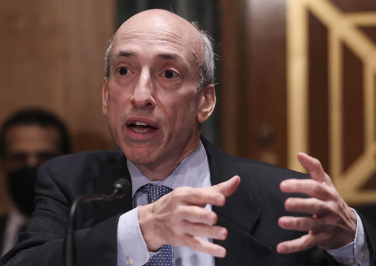 Gary Gensler, Chair of the U.S. Securities and Exchange Commission, testifies before a Senate Banking, Housing, and Urban Affairs Committee oversight hearing on the SEC in Washington, on Sept. 14, 2021. (Evelyn Hockstein-Pool/Getty Images)