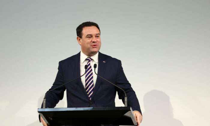 Stuart Ayres, former NSW Minister for Investment and Trade, speaks during the Welcome to Country ahead of Australian Fashion Week 2022 at Carriageworks in Sydney, Australia on May 9, 2022. (Mark Metcalfe/Getty Images)