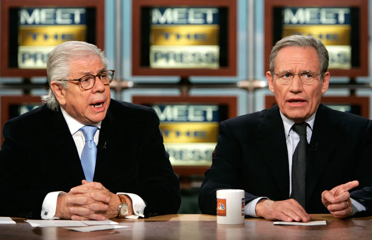 WASHINGTON - JULY 17:  Bob Woodward (R) and Carl Bernstein (L) speak on NBC's 'Meet the Press' July 17, 2005 during a taping at the NBC studios in Washington, DC. Woodward and Bernstein talked about Watergate and Woodward's new book on the story of Deep Throat.  (Photo by Alex Wong/Getty Images for Meet the Press)