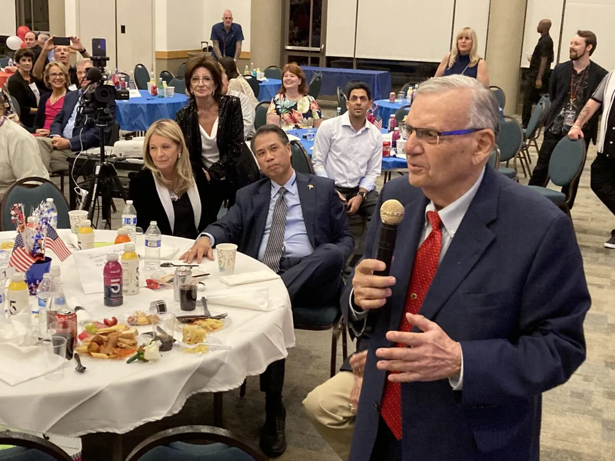 Joe Arpaio, dubbed "America's Toughest Sheriff," addresses guests at a party celebrating his 90th birthday in Fountain Hills., Ariz. on June 18. (Allan Stein/The Epoch Times)
