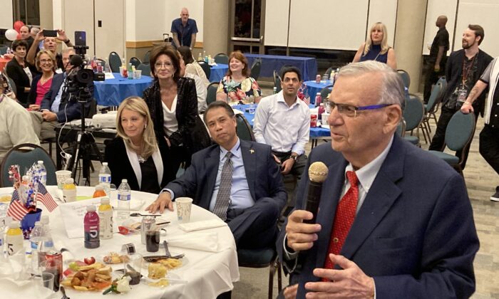 Joe Arpaio, dubbed "America's Toughest Sheriff," addresses guests at a party celebrating his 90th birthday in Fountain Hills., Ariz. on June 18. (Allan Stein/The Epoch Times)
