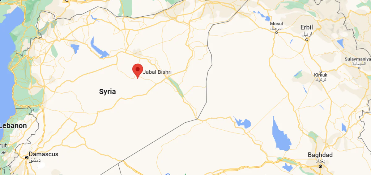 A map shows the location of the Jabal al-Bishri region of the Raqqa Province, Syria, on June 20, 2022. (Google Maps) 