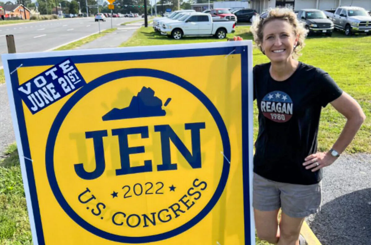 State Sen. Jen Kiggans (R-Virginia Beach), a former U.S. Navy helicopter pilot and full-time geriatric nurse practitioner, has raised more than $1.3 million in her campaign to defeat three party rivals in Virginia’s June 21, 2022, Congressional District 2 Republican primary. (Courtesy of Jen Kiggans for Congress)