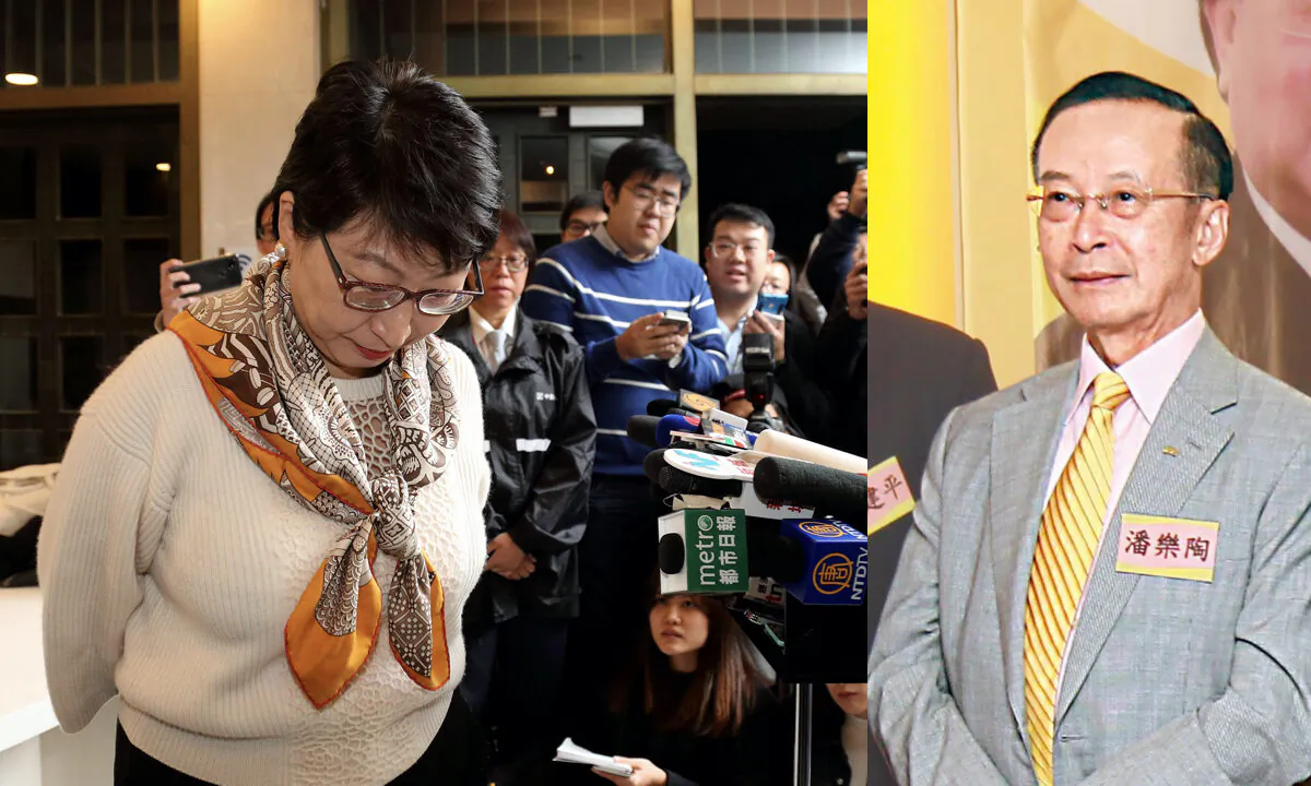 Compiled photo: (L) Teresa Cheng met with the on Jan 10, 2018, to explain the un-authorized construction of her and her husband Poon's apartment, and apologized again for the incident. (Li Yi/The Epoch Times). (R) Otto Poon Lok-to. (Apple Daily)