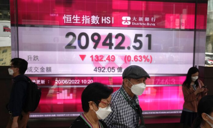 People wearing face masks walk past a bank's electronic board showing the Hong Kong share index in Hong Kong, on June 20, 2022. (Kin Cheung/AP Photo)