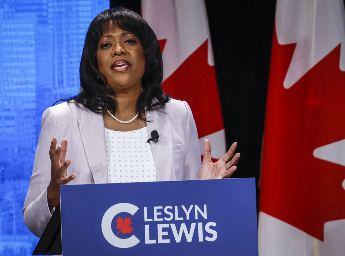 Candidate Leslyn Lewis speaks at the Conservative Party of Canada English leadership debate in Edmonton, Alta., on May 11, 2022. (The Canadian Press/Jeff McIntosh)