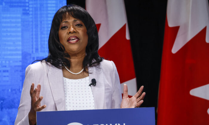 Conservative MP and leadership candidate Leslyn Lewis speaks at the Conservative Party of Canada English leadership debate in Edmonton on May 11, 2022. (The Canadian Press/Jeff McIntosh)