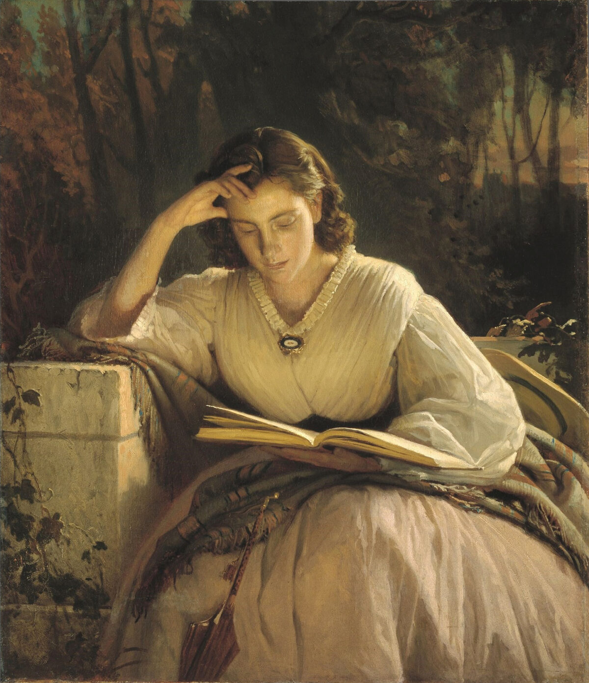 A detail from "Woman Reading," a portrait of Sofia Kramskaya, after 1866, by Ivan Kramskoi. Oil on canvas. Tretyakov Gallery, Moscow. (Public Domain)