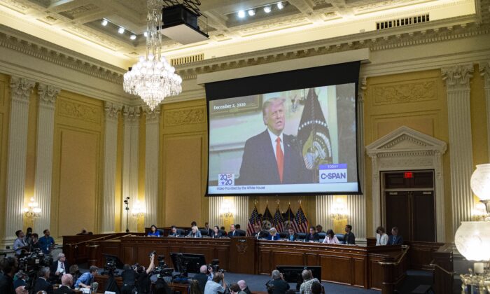Former President Donald Trump is displayed on a screen during the fourth hearing on the Jan. 6 investigation in the Cannon House Office Building in Washington on June 21, 2022. (Al Drago/Pool via Getty Images)