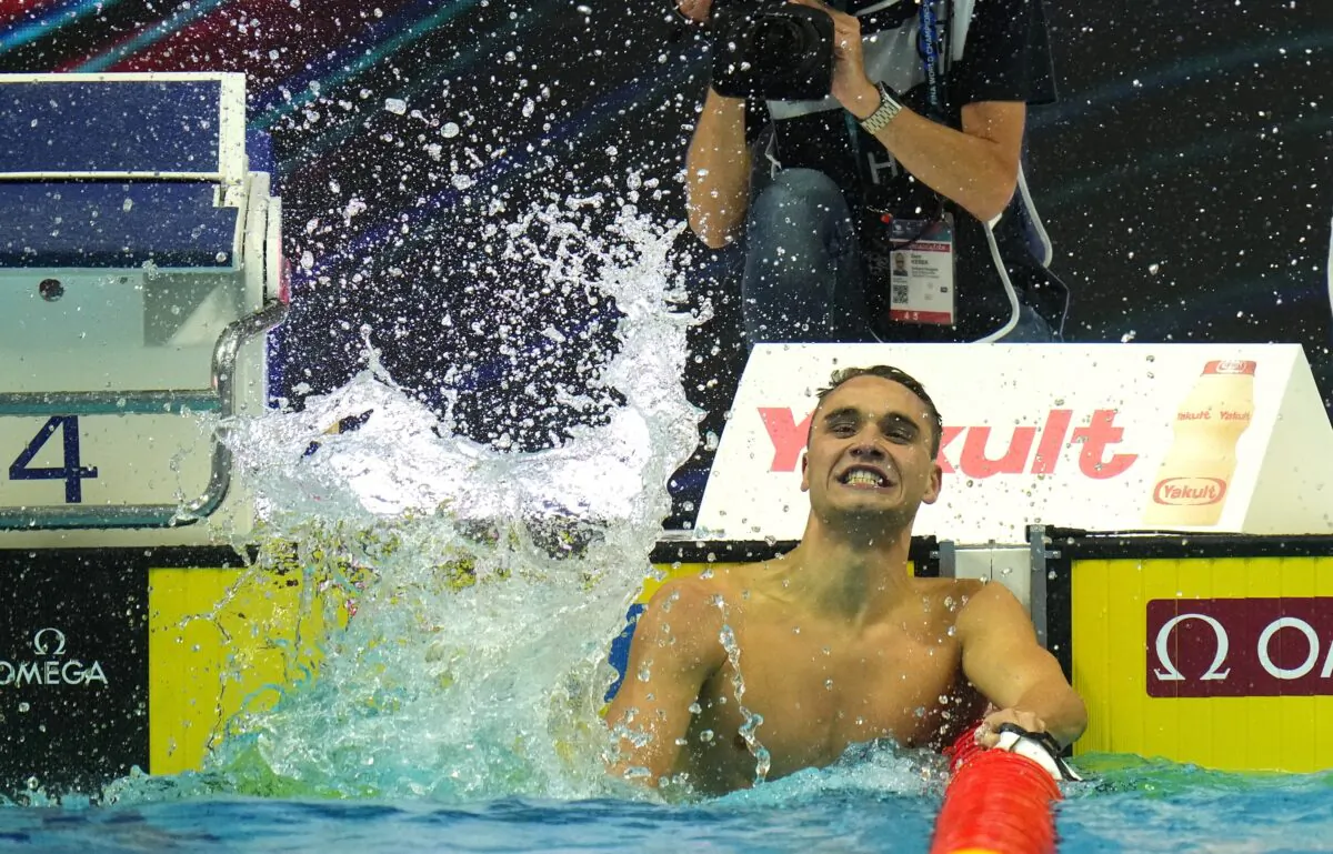 Kristof Milak of Hungary reacts after winning the Men 200m Butterfly final at the 19th FINA World Championships in Budapest, Hungary, on June 21, 2022. (Petr David Josek/AP Photo)