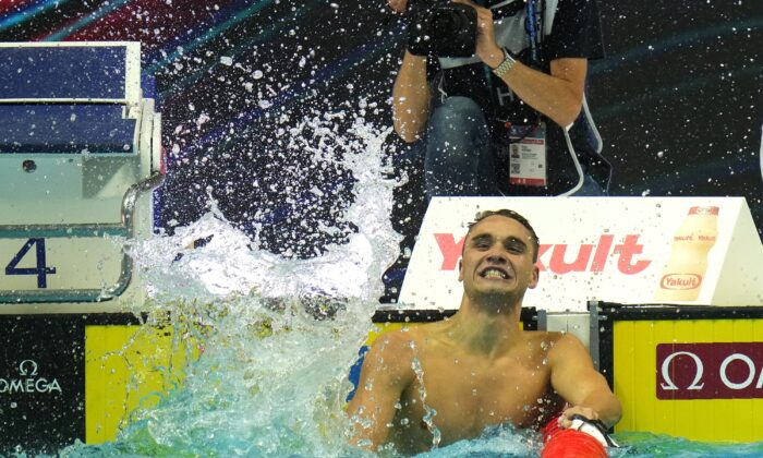 Kristof Milak of Hungary reacts after winning the Men 200m Butterfly final at the 19th FINA World Championships in Budapest, Hungary, on June 21, 2022. (Petr David Josek/AP Photo)