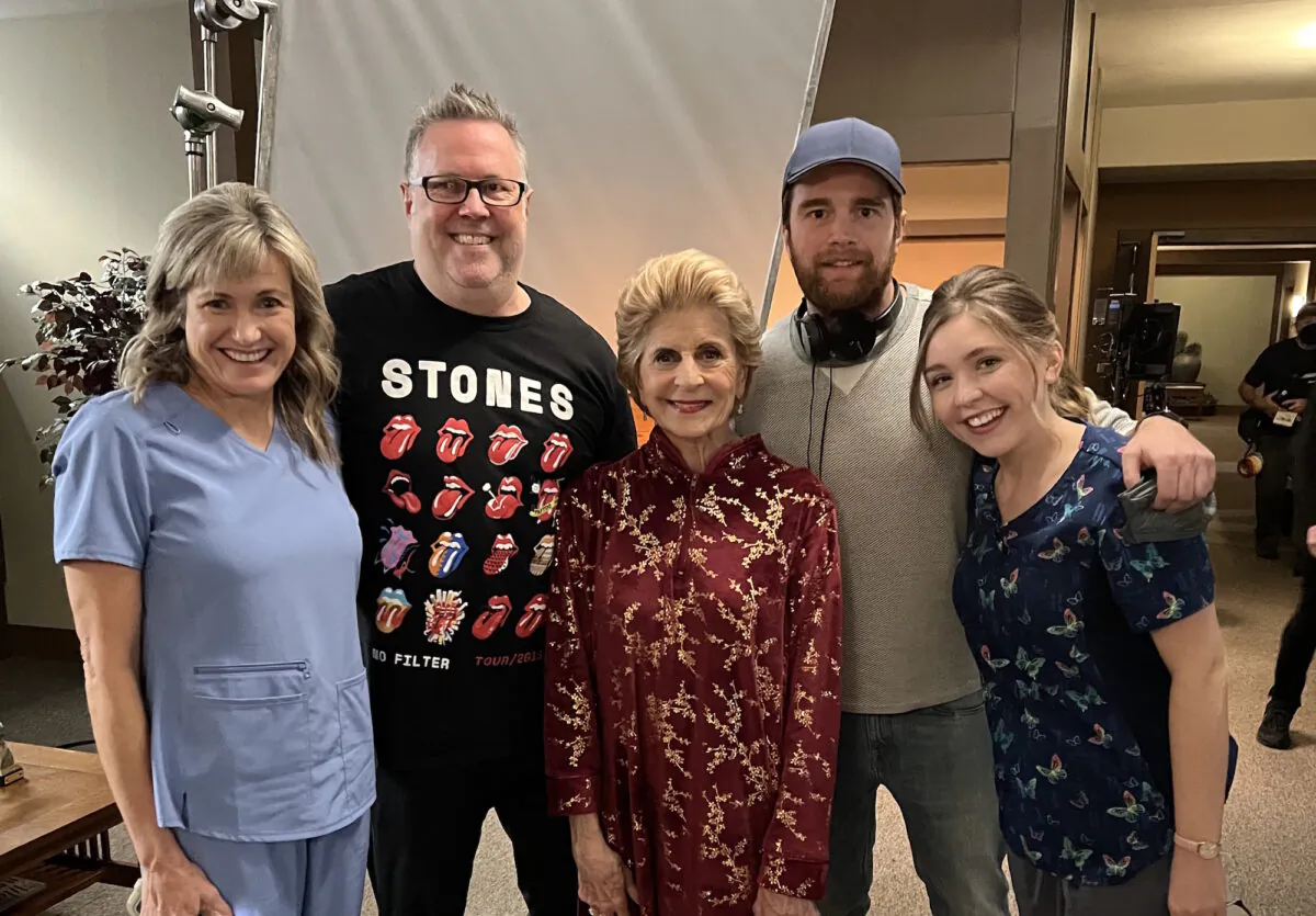 On the set of "Going Home" are (L–R) actress Cynthia Geary, executive producer Dan Merchant, actress Concetta Tomei, first assistant director Jared Briley, and actress Cozi Zuehlsdorff. (Courtesy of Dan Merchant)